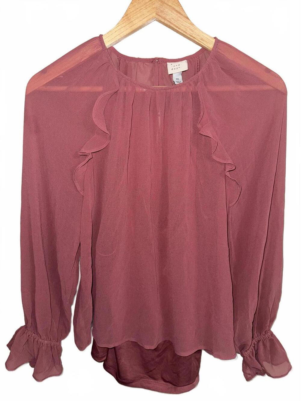 A New Day maroon long sleeve sheer blouse